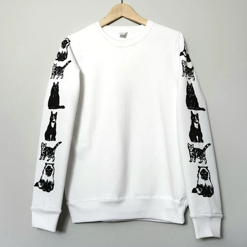 Cute Cat Sleeve Art Print Crew Neck Casual Sweatshirt elevenforest