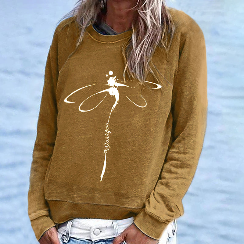 Comstylish Casual Long Sleeve Dragonfly Printed Sweatshirt
