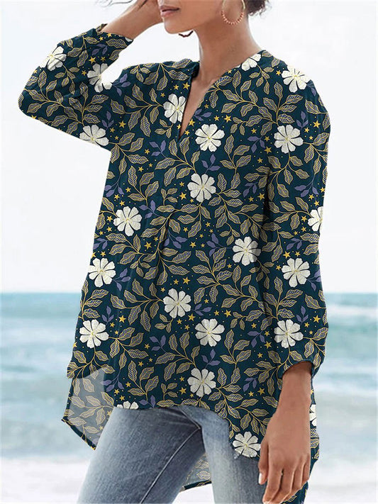 Midnight White Floral Pattern Printed Women's Casual Linen V-neck Shirt