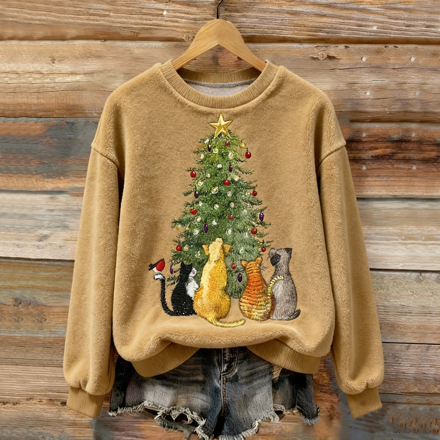 Women's Christmas Cats And Dogs Embroidery Art Comfort Plush Sweatshirt elevenforest