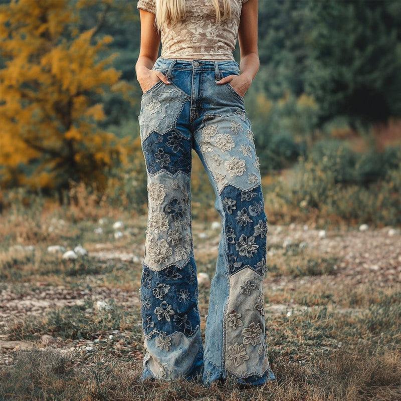 Comstylish Boho Floral Lace Embroidered Patchwork Bootcut Jeans
