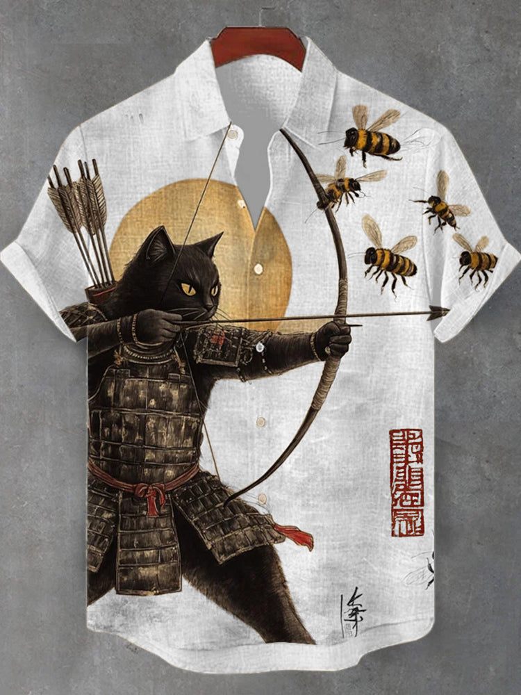 Men's Black Cat Tribal Warrior Japanese Kyudo Print Short Sleeve Shirt elevenforest