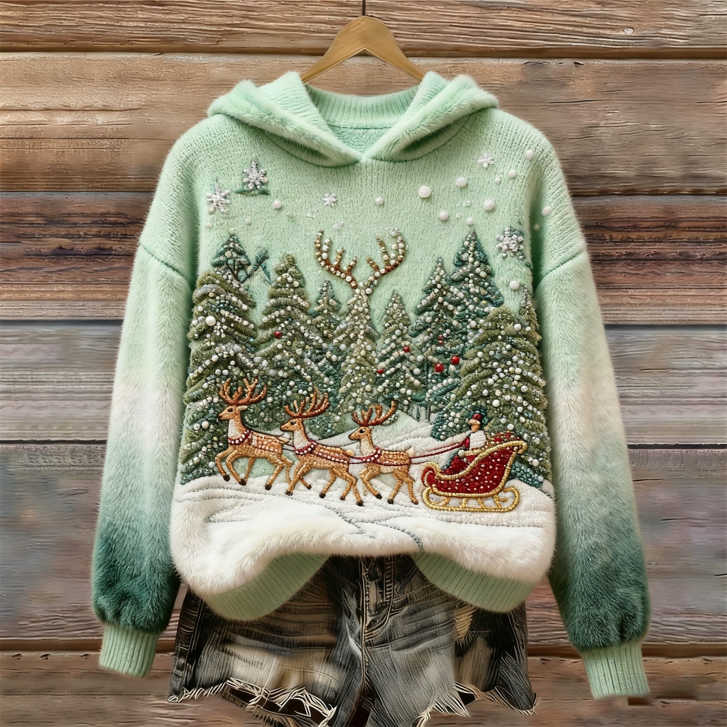 Women's Retro Christmas Tree Pattern Casual Hooded Sweatshirt