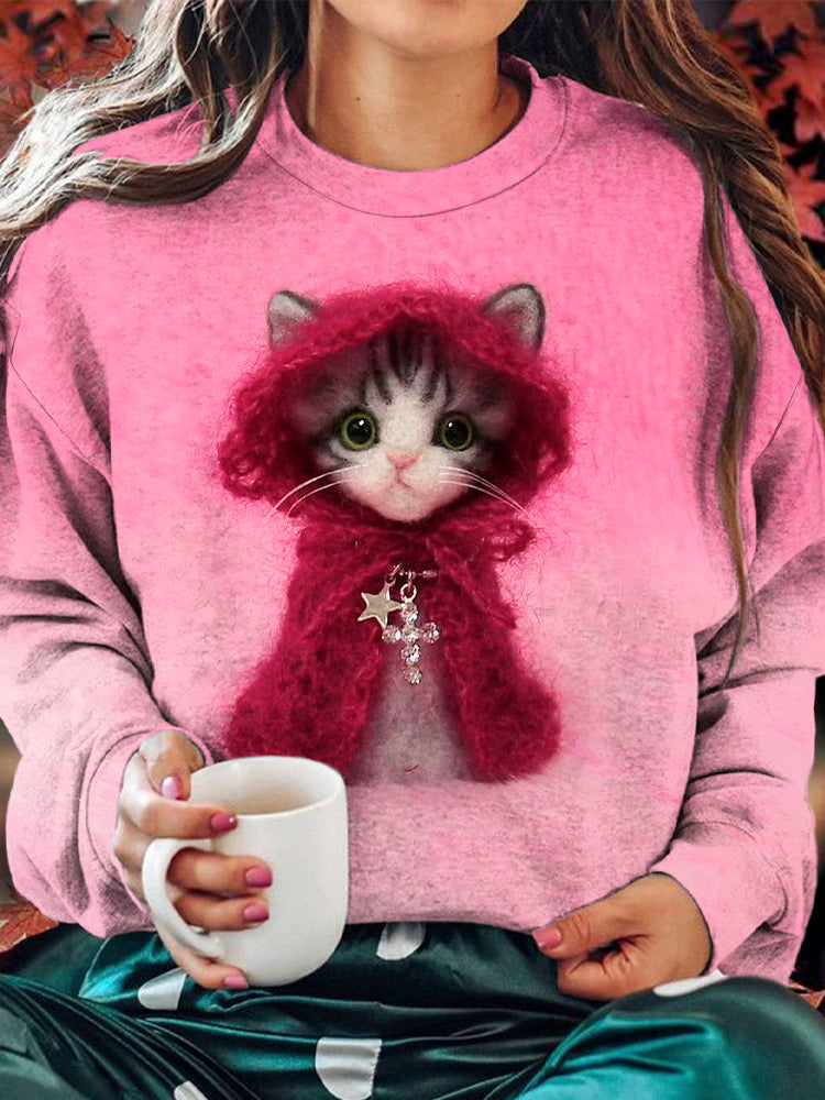 Christmas Poncho Felt Cat Print Women's Sweatshirt elevenforest