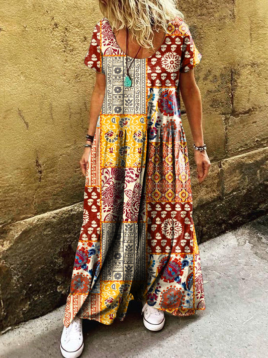 Women's Vintage Boho Ethnic Collage Art Print Pocket Short Sleeve Cott