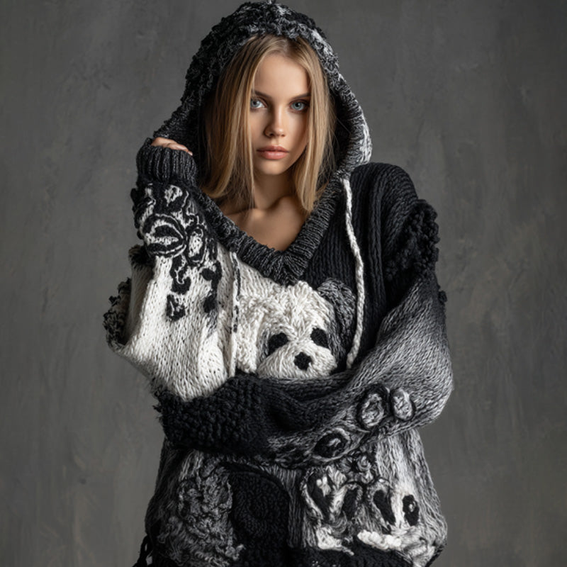 Women's Vintage Dog Embroidered Hooded Sweater artswardrobe