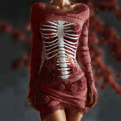 Comstylish Halloween Bloody Red Roses Rib Cage Lace Comfy Mini Dress