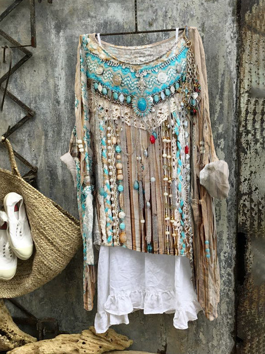 Comstylish Boho Turquoise Fringe Linen Flowy Blend Tunic