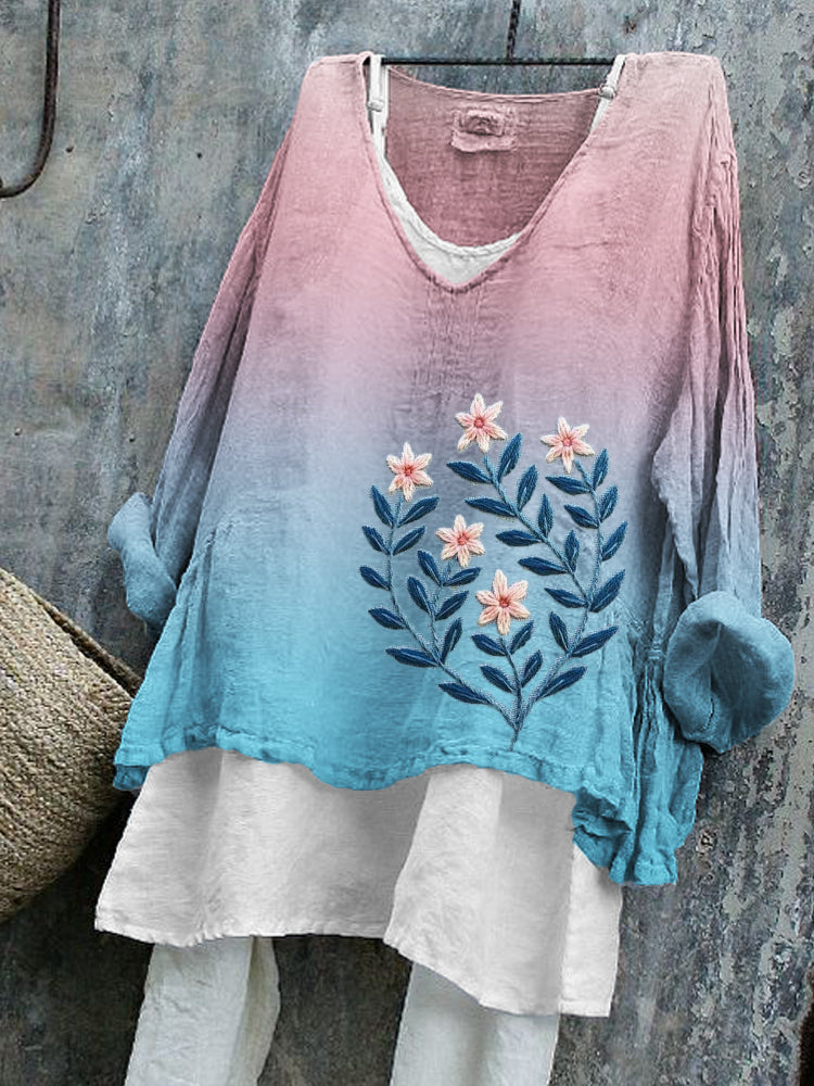 Comstylish Floral Embroidered Transgender Gradient Linen Tunic