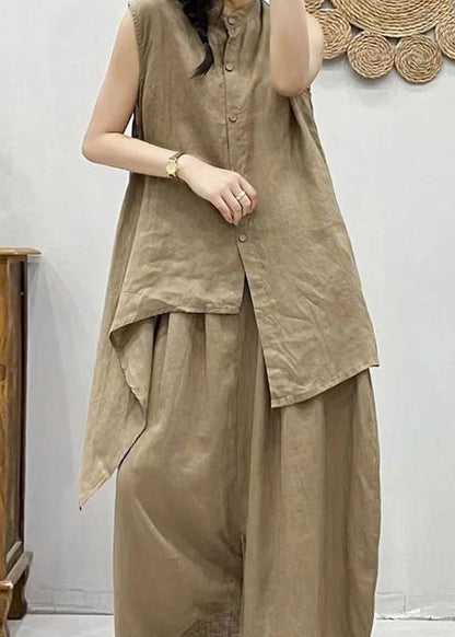 Kaffeebraunes zweiteiliges Set aus Leinenweste mit Stehkragen und asymmetrischem Patchwork und Cropped-Hose, Sommer