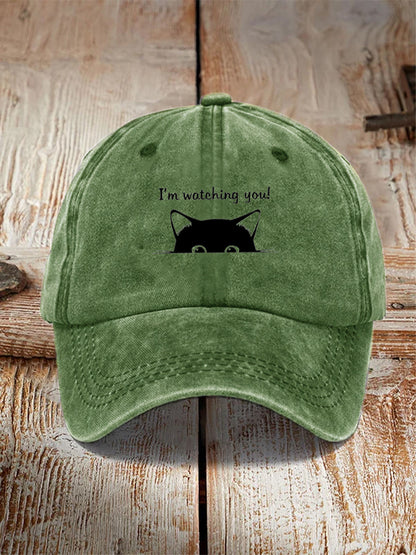 Comstylish I'm Watching You! Black Cat Print Washed Hat