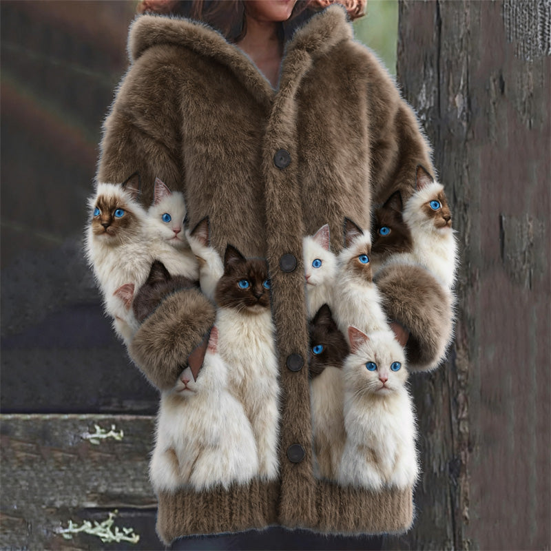 Woll-Strickjacke mit schwarz-weißem Katzen-Print