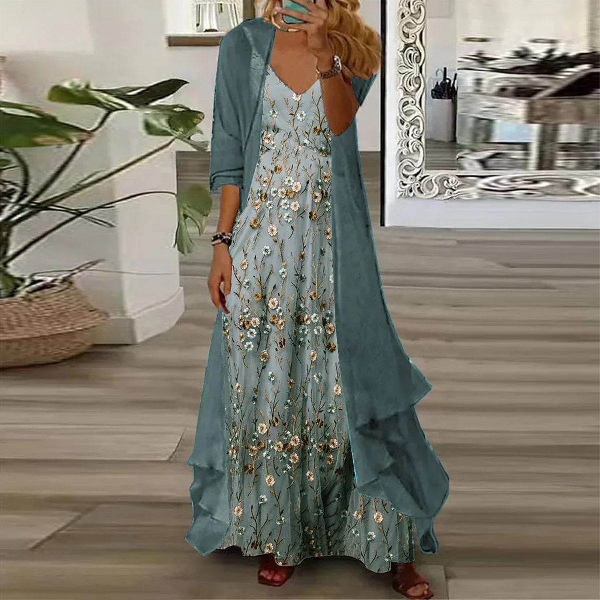 KS | Jugendliches Maxikleid mit kleinem Blumendruck und dünner Jacke, zweiteiliges Outfit
