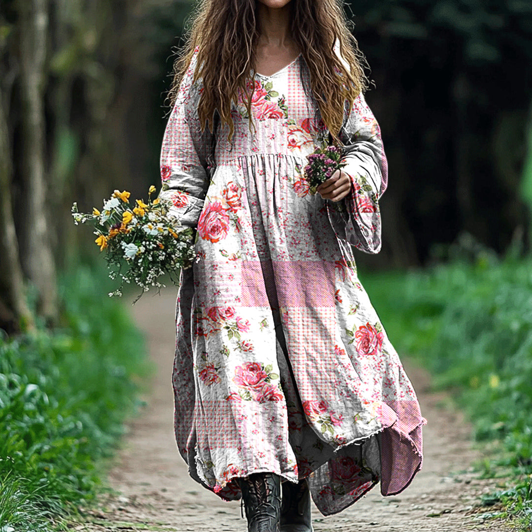 Comstylish Vintage Floral Art Cotton Linen Comfy Maxi Dress