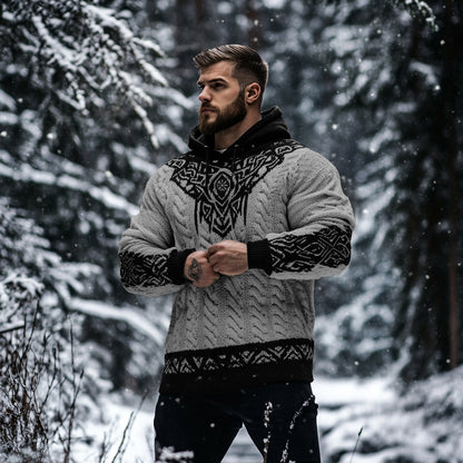 Men's Viking Tribal Jacquard Celtic Inspired Chunky Knit Hooded Sweater elevenforest