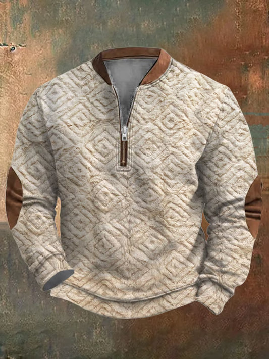 Men's Retro Diamond Print Casual Zipper Sweatshirt elevenforest