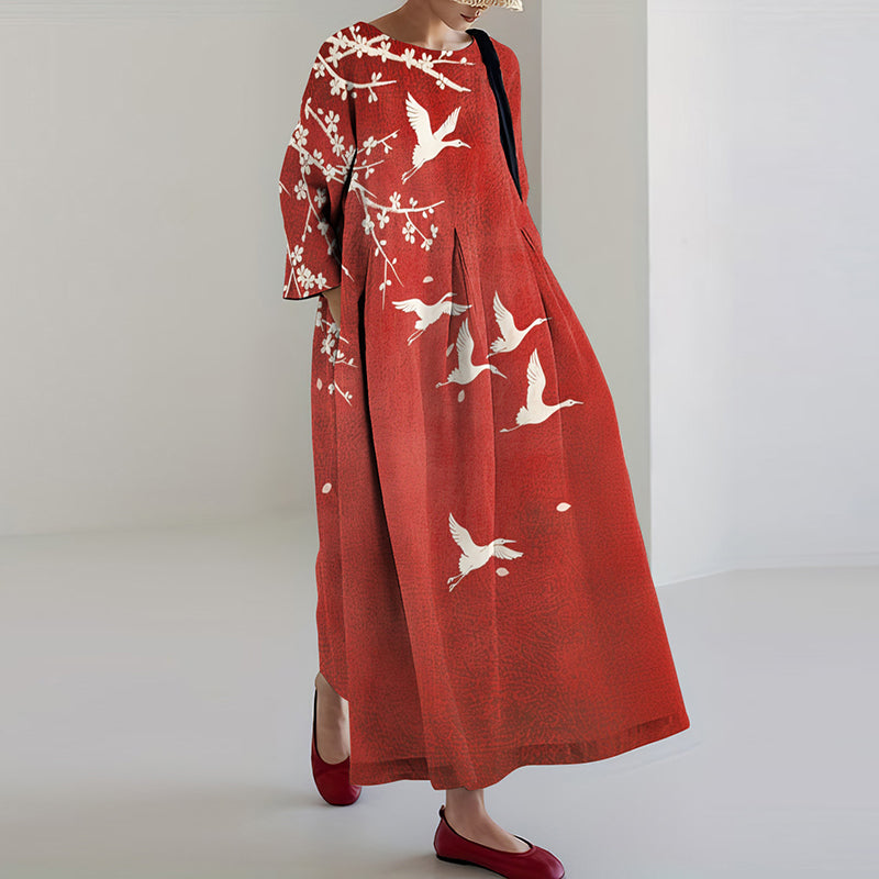 Comstylish Japanese Art Crane Print Loose Midi Dress