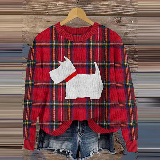 Comstylish Vintage Scottie Dog Art Crew Neck Cozy Sweater