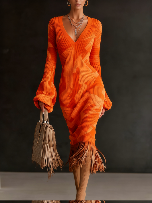 Printed Textured Knitted Tassel Hem Long Sleeve Midi Dress
