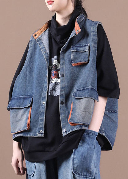 Elegante blaue Jeansweste mit Knöpfen, Taschen und Patchwork, Herbst