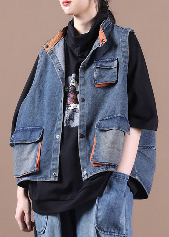 Elegante blaue Jeansweste mit Knöpfen, Taschen und Patchwork, Herbst