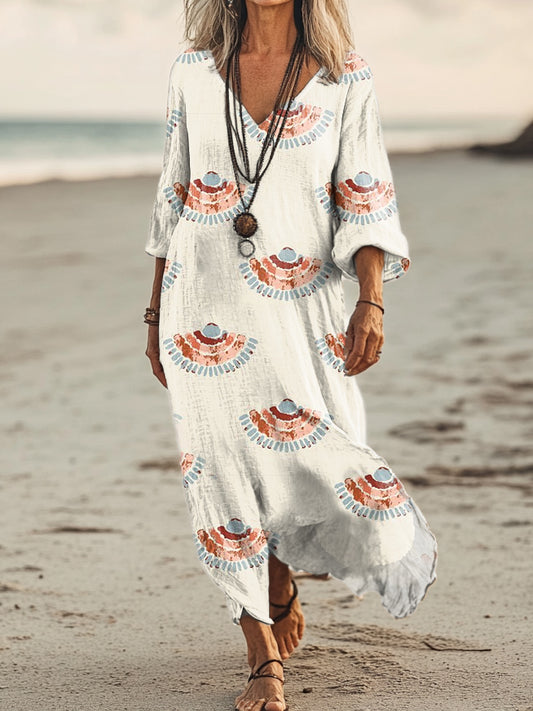 Women's Vintage Scalloped Pattern Art Print Pocket Cotton Dress