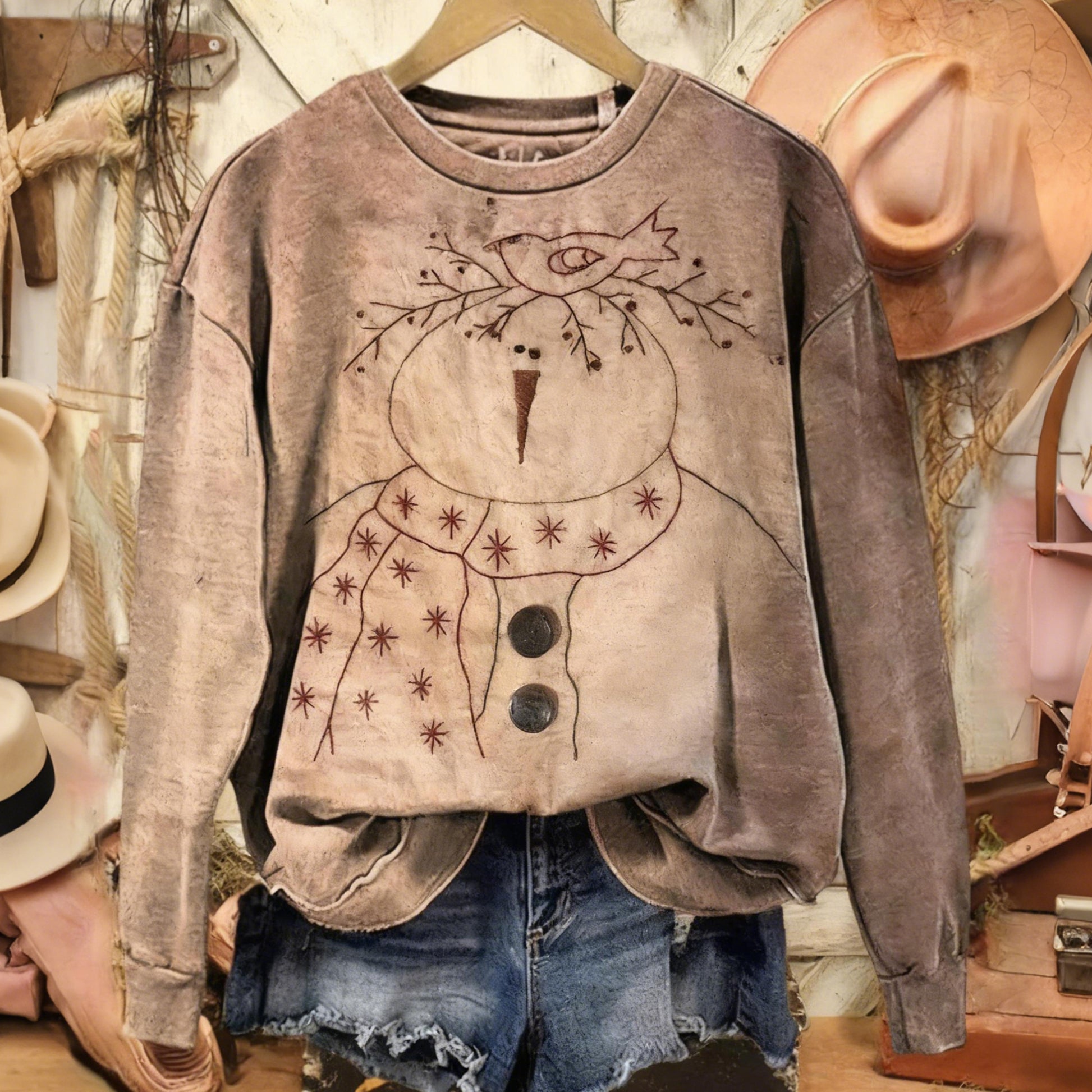 Comstylish Retro Christmas Snowman And Bird Art Print Casual Sweatshirt