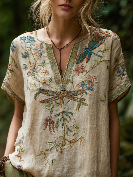 Comstylish Bohemian Style Dragonfly Flower Three-dimensional Embroidery Vintage V-neck Short-sleeved Shirt