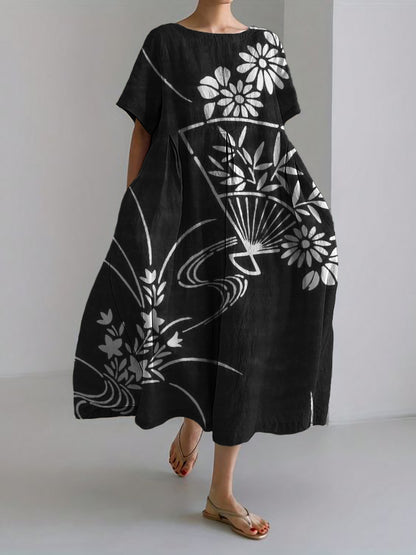 Comstylish Fan Floral Japanese Art Linen Blend Maxi Dress