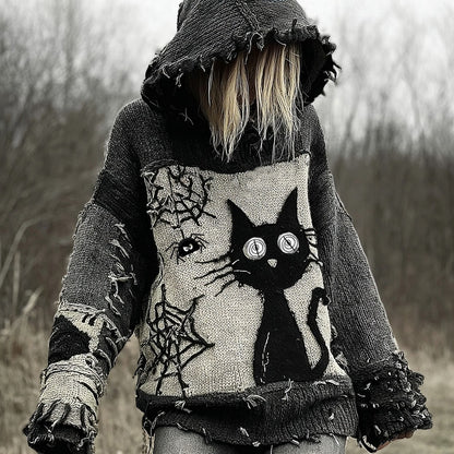 Halloween Scared Black Cat Patchwork Stitched Cozy Knit Hooded elevenforest