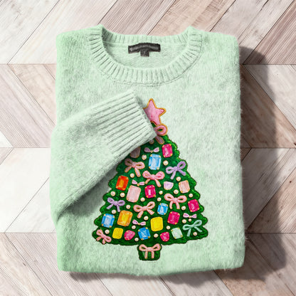 Christmas Rhinestone Tree Embroidered Cozy Knit Sweater artswardrobe