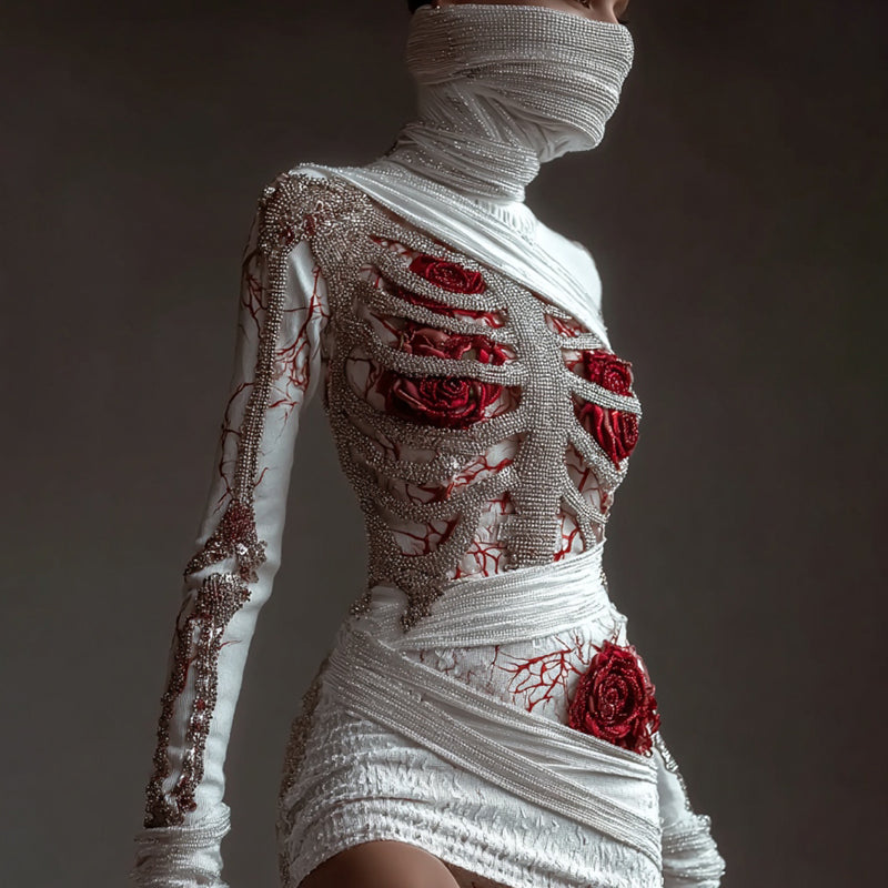 Comstylish Women's Red Rose Skeleton Art Round Neck Knit Mini Sweater Dress