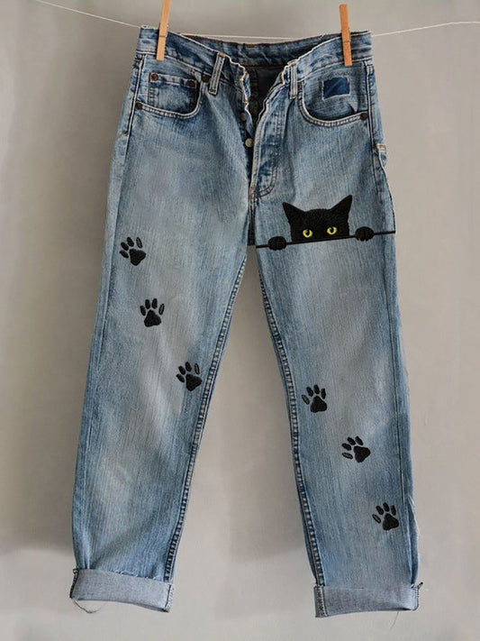 Peeking Black Cats Paw Prints Washed Jeans elevenforest