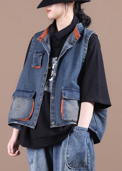 Elegante blaue Jeansweste mit Knöpfen, Taschen und Patchwork, Herbst