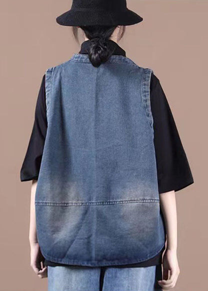 Elegante blaue Jeansweste mit Knöpfen, Taschen und Patchwork, Herbst