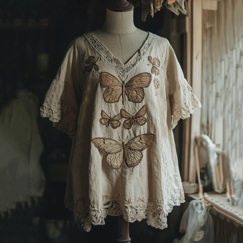 Vintage  Butterfly And Dragonfly Embroidery Linen Art Lace Trim Women's Linen Shirt artswardrobe