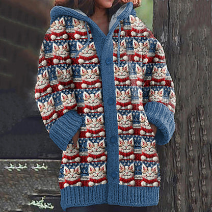 Women's Cat With Red Scarf And American Flag Elements Embroidery Art Graphics Cozy Cardigan Sweater elevenforest
