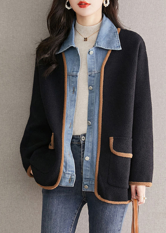 Einzigartiger schwarzer Wollmantel mit Peter-Pan-Kragen, Jeans-Patchwork, im Zweiteiler-Look, Herbst