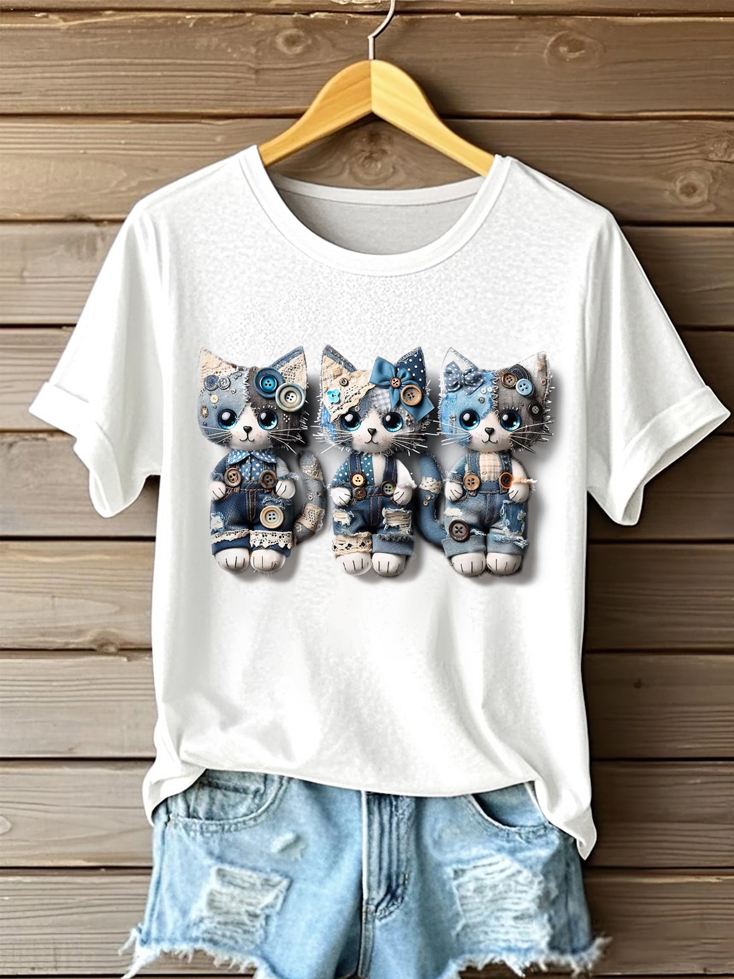 Women's Denim Lovely Cats Portrait Art Print Short Sleeve Casual T-shirt elevenforest