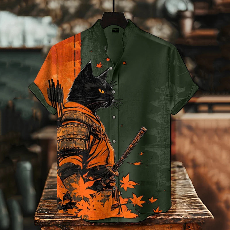 Men's Black Cat Warrior And Maple Leaf Temple Print Casual Shirt elevenforest