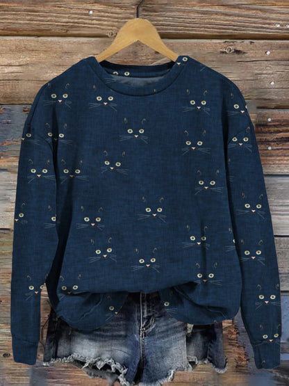 Cute Cat Face Pattern Vintage Cozy Sweatshirt elevenforest