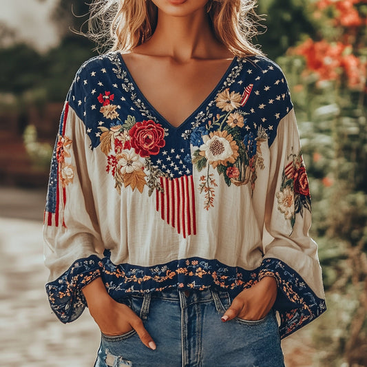 Comstylish Vintage American Flag Floral Pattern Cotton And Linen V-neck Shirt