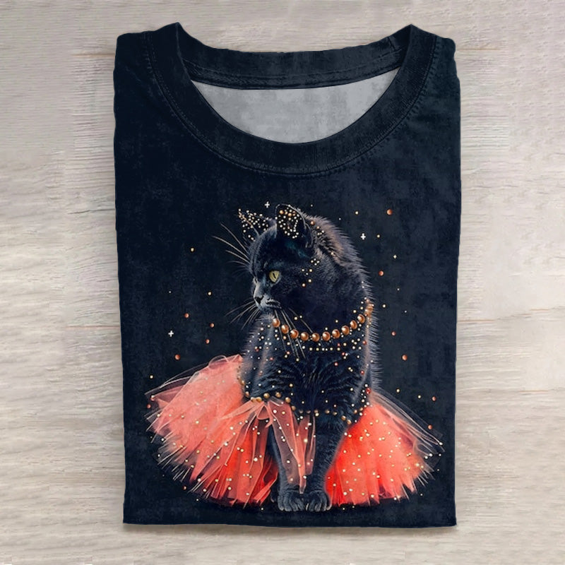Retro Cute Cat In Tutu Skirt Neon Seamless Art Pattern Print Cotton Graphic T-Shirt elevenforest