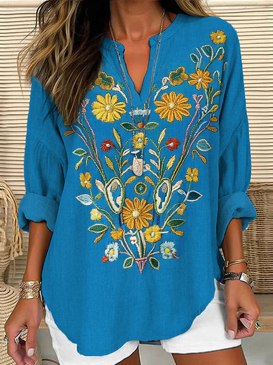Comstylish Ukrainian Folk Floral Embroidered Linen Blend Tunic