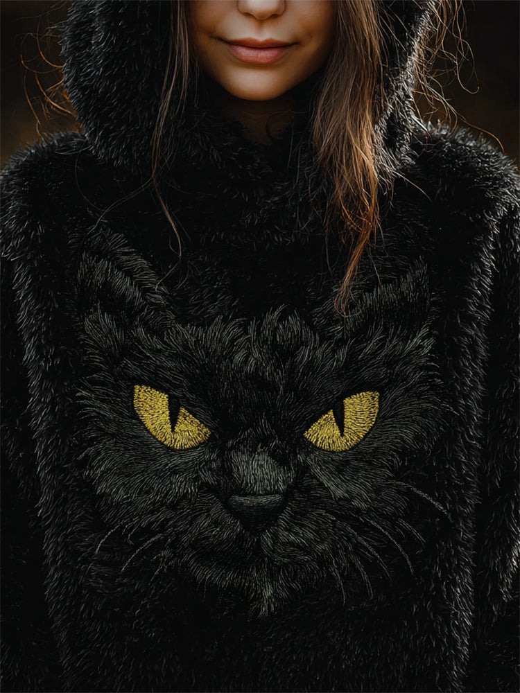Fuzzy Black Cat Face Cozy Plush Hoodie elevenforest