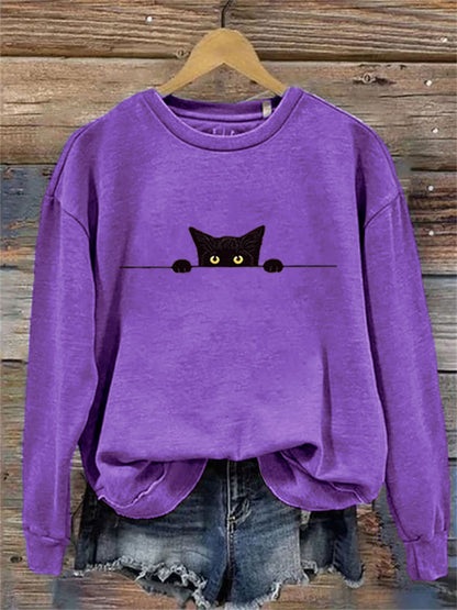 Comstylish Women's Casual Funny Black Cat Print Sweatshirt