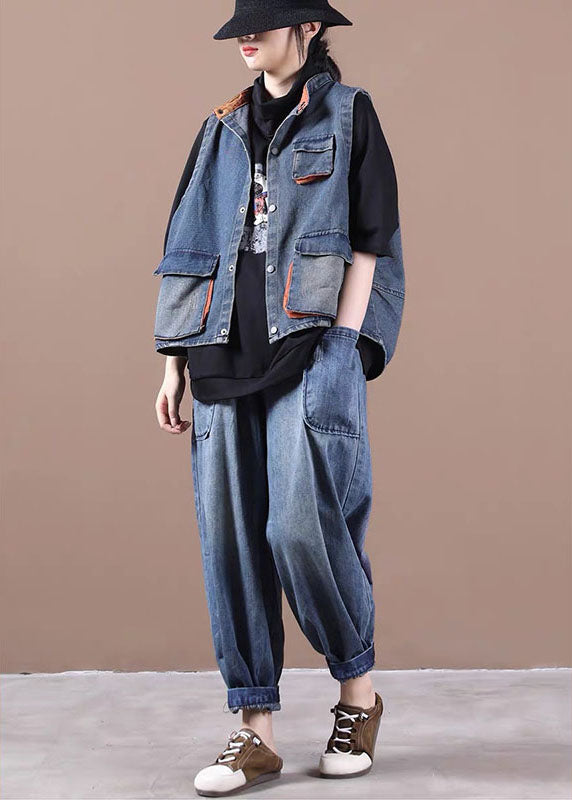 Elegante blaue Jeansweste mit Knöpfen, Taschen und Patchwork, Herbst