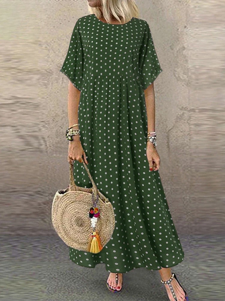 MW | Polka Dot Damen Midikleid Bohemian Urlaub Kurzarm O-Ausschnitt Lange Robe Vintage Locker Lässig A-line Vestidos Sommer