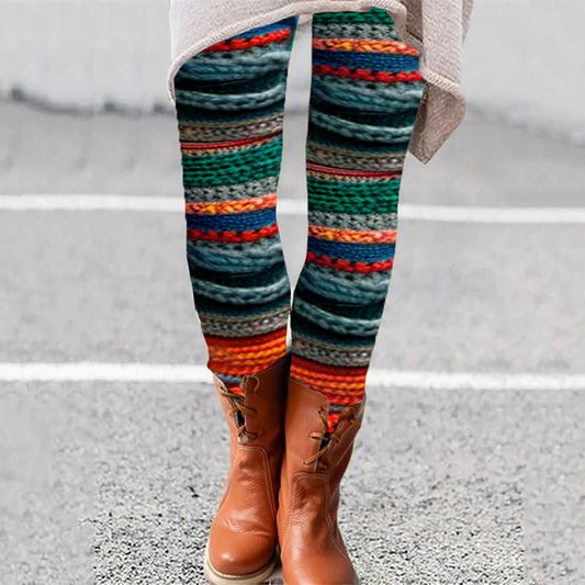 Vintage Rainbow Striped Knit Patchwork Pattern Comfy Leggings artswardrobe