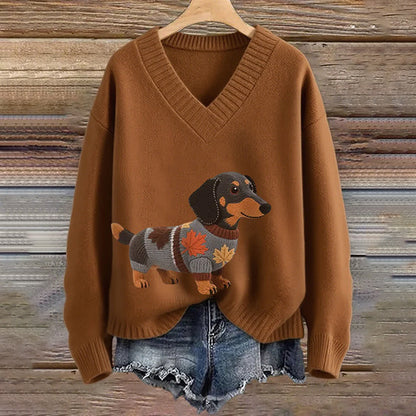 Vintage Dachshund Felt In Gradient Art Inspired Embroidered Cozy Knit Sweater elevenforest